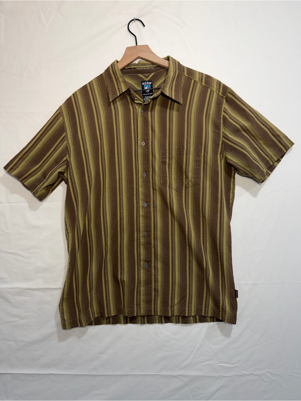 KUHL Men’s Large Brown Green Striped Short Sleeve Button Down Outdoor Shirt